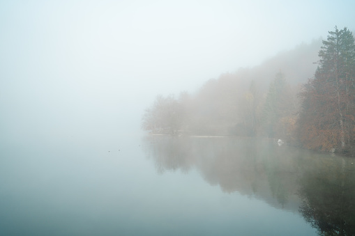 Early autumn morning. Dense fog envelops the surface of the river.