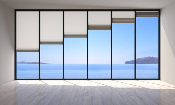 Glass wall of the room with roller blinds
