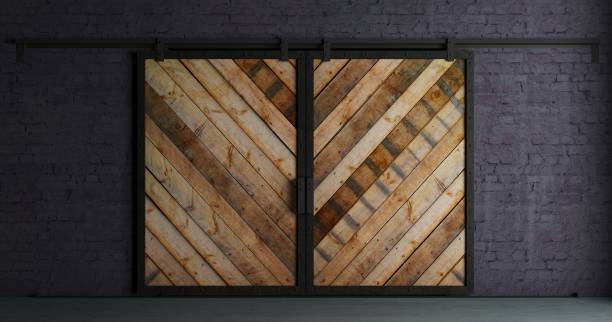 Barn Sliding Wooden Door in Loft Room 3d illustration. Modern interior in loft style barn sliding wooden door in loft room. Studio interior of old house garret stock pictures, royalty-free photos & images