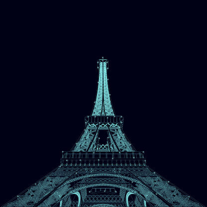 Eiffel Tower wireframe with glowing lights from blue lines isolated on dark background. Bottom view. 3D. vector illustration.