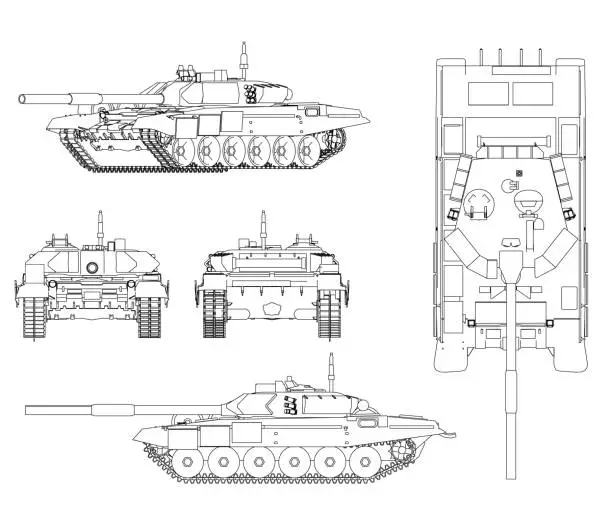 Vector illustration of Set with contours of a battle tank from black lines isolated on a white background. Front, side, top, back view. 3D. Vector illustration.