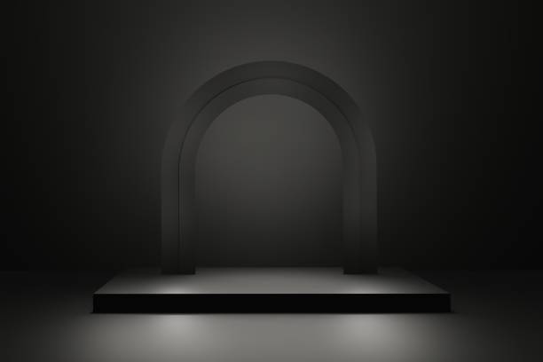 istock Black dark realistic rectangular pedestal podium with arch, Luxury geometric platform with promotion display 3d render 1445429343
