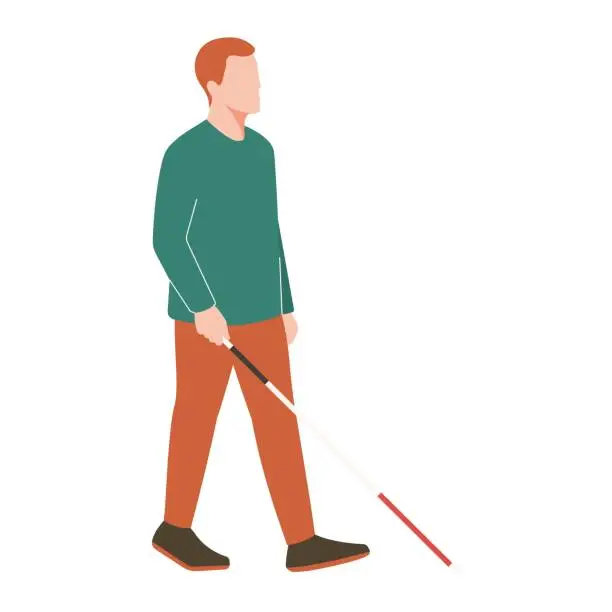 Vector illustration of Young blind man walk