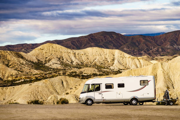 istock Camper vehiclein Tabernas desert, Spain 1445429568