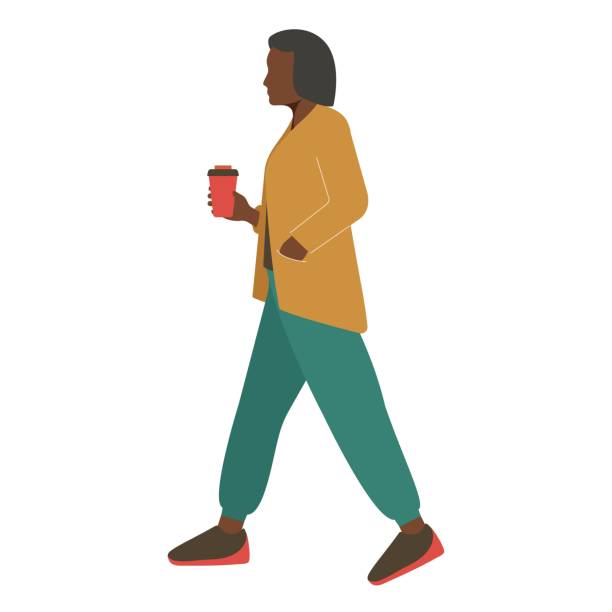コーヒーを持って歩く黒い色の女性 - blank expression illustrations点のイラスト素材／クリップアート素材／マンガ素材／アイコン素材
