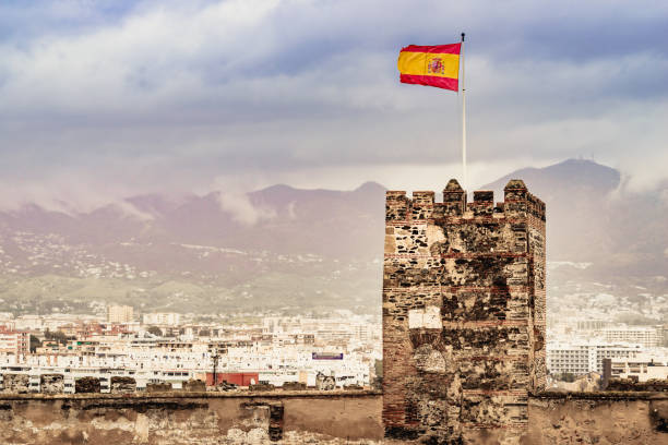 Segovia, Spain - September, 2019 : Manitou telescopic crane work on restoration and improvement project at medieval Royal Alcazar of Segovia. The famous castle is a World Heritage Site by UNESCO.