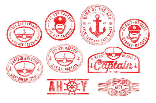 Set of various Ship Captain, Sea Captain, Sailor nautical rubber stamps (Aye Aye Captain, Ahoy, My Boat - My Rules, Captain Awesome). Vector illustration isolated in a white background.