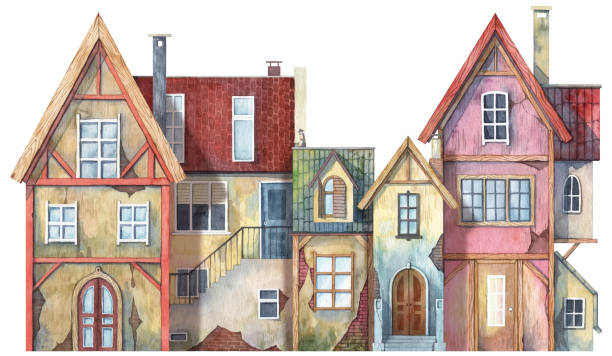 старый город красочные дома с видом на улицу. акварельная рисованная иллюстрация архитектуры - streetview stock illustrations
