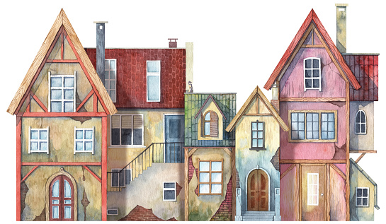 Cute cozy houses drawing for greeting cards and postcards design