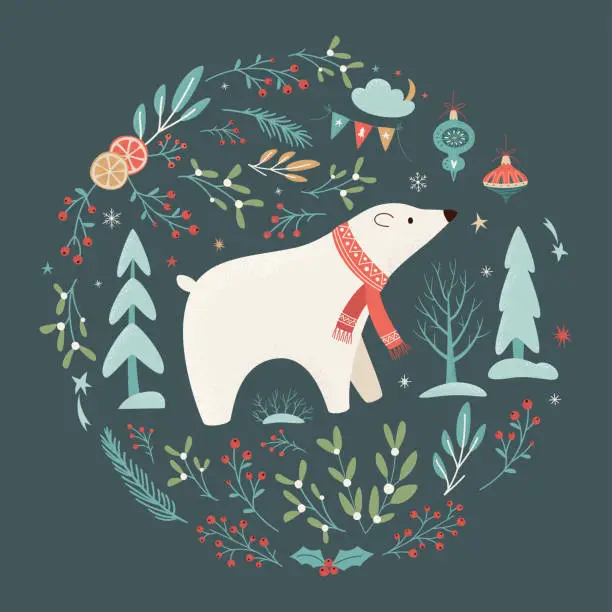 Vector illustration of Christmas and New Year card with cute polar bear, pine trees and floral elements in circular shape. Winter landscape in retro style on dark background. Hand drawn vector illustration. Winter Holiday