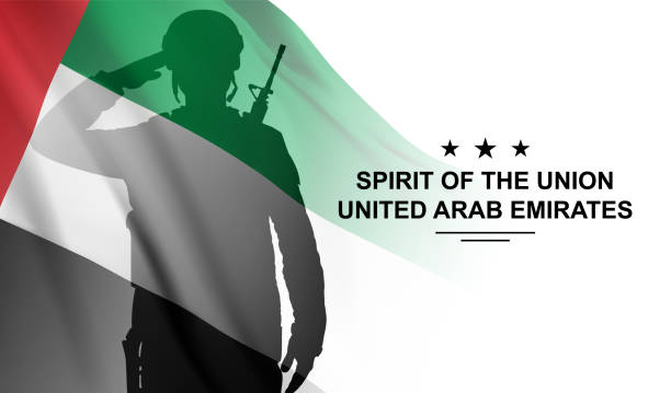 illustrations, cliparts, dessins animés et icônes de silhouette de soldat saluant avec le drapeau des émirats arabes unis sur fond blanc. forces armées des émirats arabes unis - air force uniform armed forces military