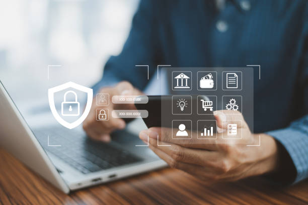istock Businessman using password Cybersecurity and privacy concepts to protect data. Lock icon  internet network security technology. Businessmen protecting personal data on laptop and virtual interfaces. 1445440920