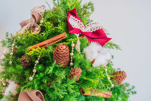 close-up of small Christmas tree with ornaments