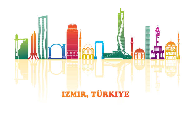 이즈미르 도시의 다채로운 스카이라인 파노라마, 투르키예 - izmir stock illustrations