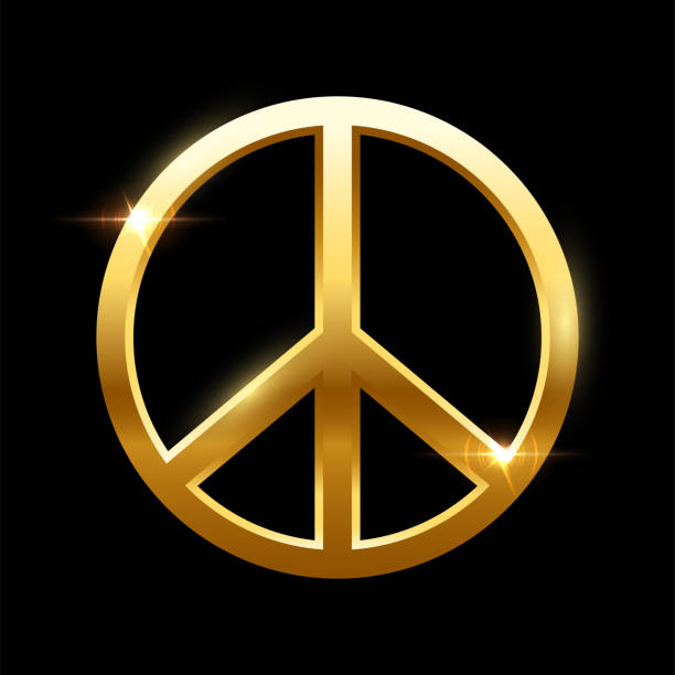 istock 3d gold sign of peace vector illustration. Realistic isolated golden abstract circle symbol of global love, hippie pacifists and hope, peaceful golden metal round retro emblem with color gradient 1445445540