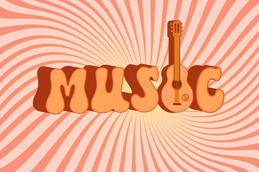 Groovy music. Retro guitar with flowers. Hippie style. Vintage art design. Musical instrument. Cartoon. Vector illustration on a jolly background.