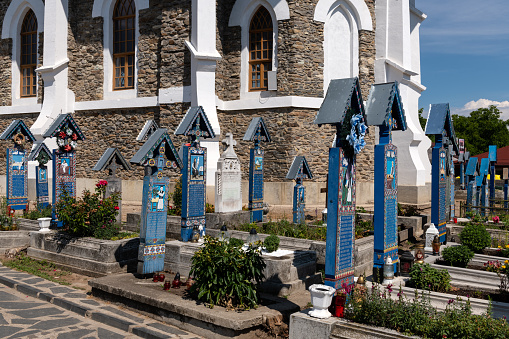 Sapanta, Romania - July 8, 2022: Merry cemetery in Sapanta village, Maramures county, Romania.