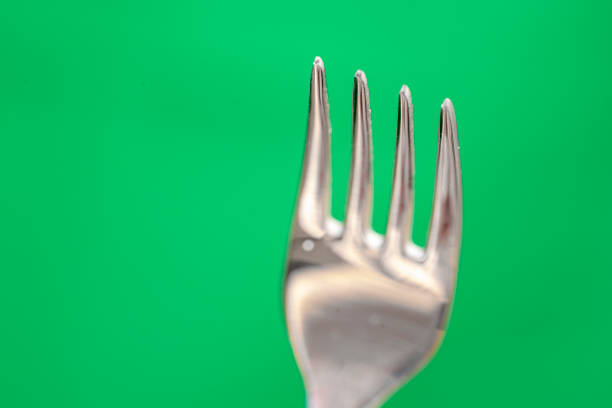 part of stainless steel fork with 4 teeth under green background