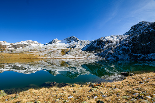 Beautiful landscape with the reflection of the snowcapped mountains in a lake at the snow line in the Verwall Alps, Vorarlberg