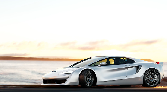 silver sports car standing on a coastal road, Shallow DOF,  3D render, generic car of my own design.