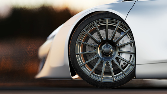 wheel of silver sports car , Shallow DOF,  3D render, generic car of my own design.