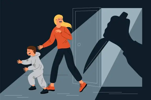 Vector illustration of Afraid people running away. Scared mom and kid. Fleeing from threats and fears. Terrible shadow of robber. Burglars violence. Panicked child and woman escape. Garish vector concept