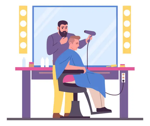 Vector illustration of People in beauty salon. Barber with customer. Hairdresser makes hairstyle. Client sitting on armchair. Hairstylist drying hairs. Professional hairdo. Vector barbershop illustration