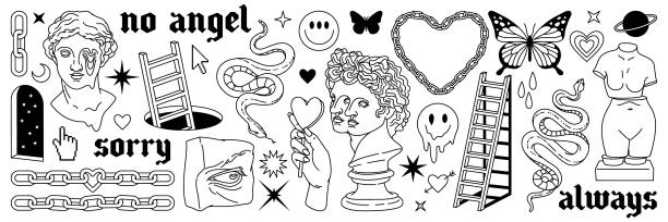 ilustrações de stock, clip art, desenhos animados e ícones de tattoo art 1990s, 2000s. y2k stickers. butterfly, barbed wire, fire, flame, chain, heart. - barbed wire wire chain vector