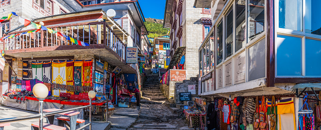 The colourful shops, restaurants and teahouses of Namche Bazaar, Sherpa village and gateway to the Everest region of the Nepal Himalaya.