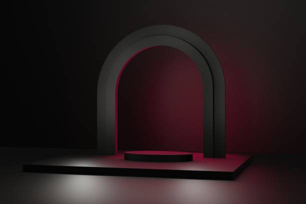 istock empty black red platform with arch for product promotion, romantic display stage on dark background 3d render 1445451632