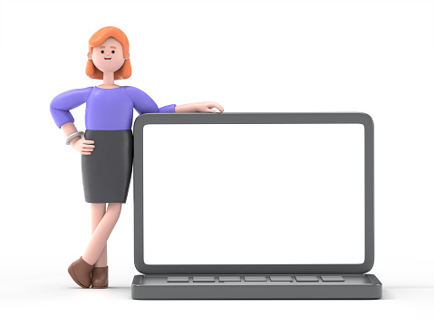3D illustration of smiling European businesswoman Ellen  supported by laptop.3D rendering on white background.