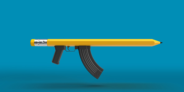 Gun regulation concept: Wooden pen with Kalashnikov gun holder. Say no to school violence and child gun usage. Opinion freedom for writers and journalists. Creative idea illustration 3d background, copy space.