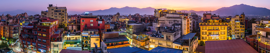 Panoramic sunset view across the rooftops of Thamel in the heart of Kathmandu, Nepal.