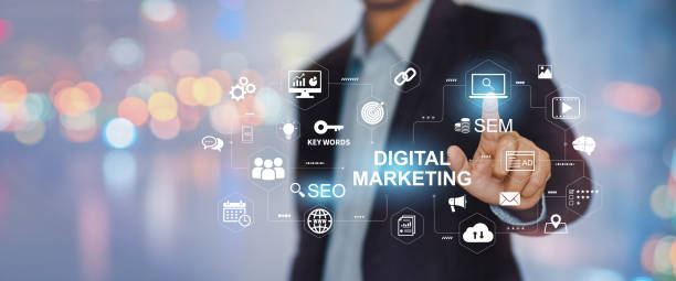 istock Digital marketing business technology banner web with copy space. Website advertisement email social media network, SEO, SEM video and mobile application icons in virtual screen. 1445457994