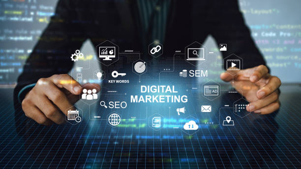 istock Digital marketing business technology concept. Website advertisement email social media network, SEO, SEM video and mobile application icons in virtual screen. 1445458054