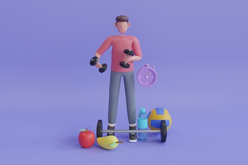 man does exercise with dumbbell at cozy home. cardio exercise, fitness exercise. 3D rendering