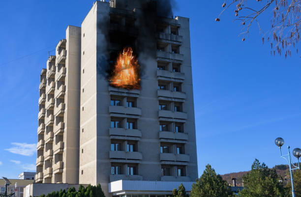 Explosion, fire in an apartment building. Explosion caused by gas on the floor of an apartment building. inferno stock pictures, royalty-free photos & images