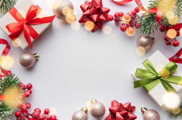 istock Christmas background with fir tree and decor. Top view with copy space 1445461785