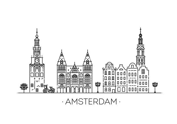 ilustrações, clipart, desenhos animados e ícones de marco de viagem de amsterdã do ícone histórico de construção fina da linha - amsterdam