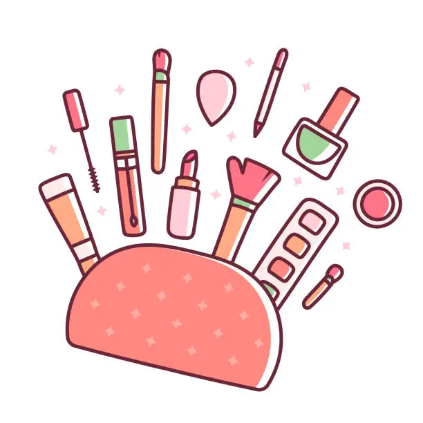 Vector illustration of Pink cosmetic bag with scattered makeup elements in doodle style isolated on white background.