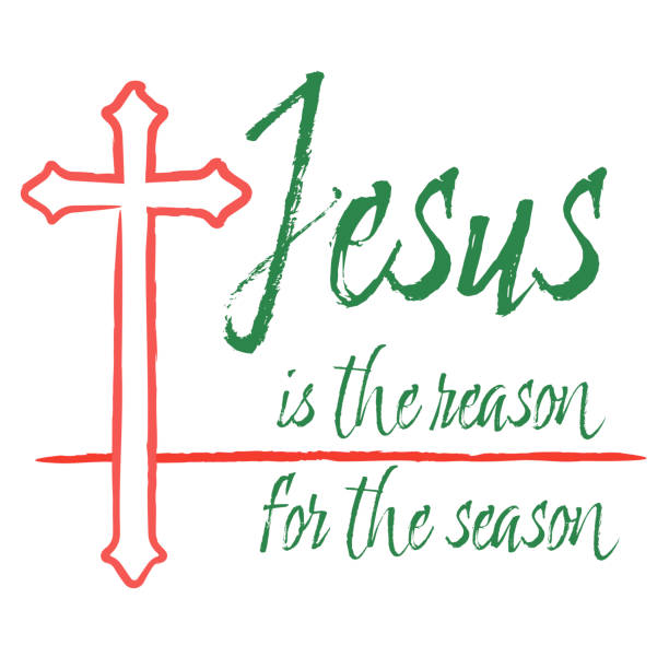 illustrations, cliparts, dessins animés et icônes de jésus est la raison de la saison écriture manuscrite avec crucifix en croix religieuse rouge et blanche, conception graphique vectorielle joyeux noël - white background decor religious celebration christmas