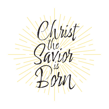 Christ the Savior is born handwritten black script type saying over golden yellow sun rays starburst, Merry Christmas, vector graphic design for posters, postcards, greeting cards, web banners, pillows, home decor, signs, and more.