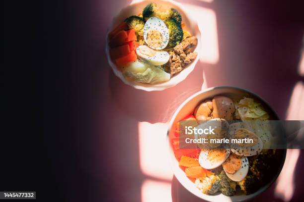 Top View Of Two Bowls Of High Protein Keto Meal Stock Photo - Download Image Now - Alternative Therapy, Bowl, Breakfast