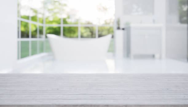 istock 3d rendering of counter with blur bathroom. 1445478976