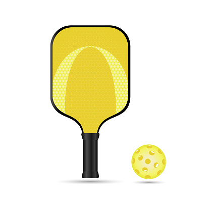 Bright yellow fashionable racket and pickleball ball. Pickleball Sports equipment for outdoor games. Active sports for elderly. Vector 3d illustration on white background