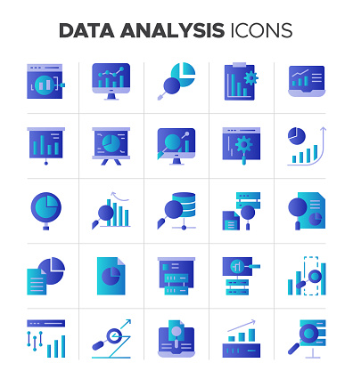 Simple set data analysis related gradient color icon set. Contains such icons as chart, report, graph, business analysis, analytics, review audit, risk, network and more symbol.