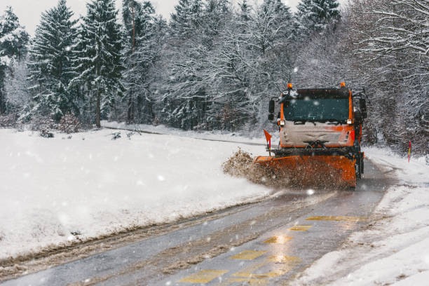 istock Snowplow plowing the asphalt road during snow storm 1445488114