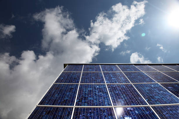 Rows of solar battery or solar panel. Modern technologies for energy revolution, alternative energy