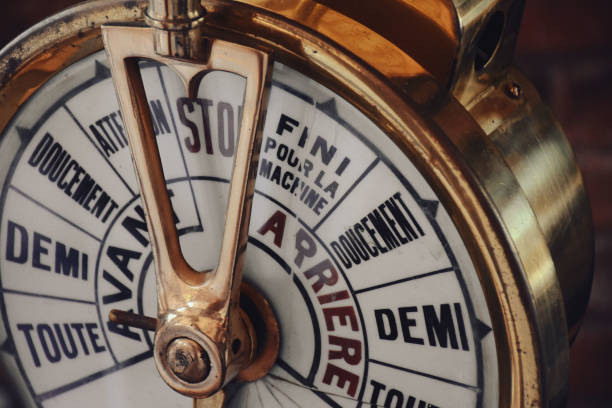 istock Old fashioned ship engine control throttle lever. A ships telegraph on full speed ahead 1445489775