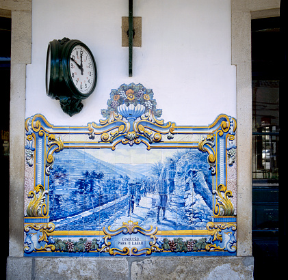 Europe, Portugal, Porto. April 7, 2022. Historic traditional hand painted azulejos tiles at the Porto Cathedral.